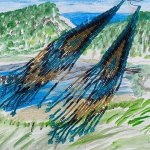 Vintage beautiful beaded earrings multi coloured blues and brown/grey dangling